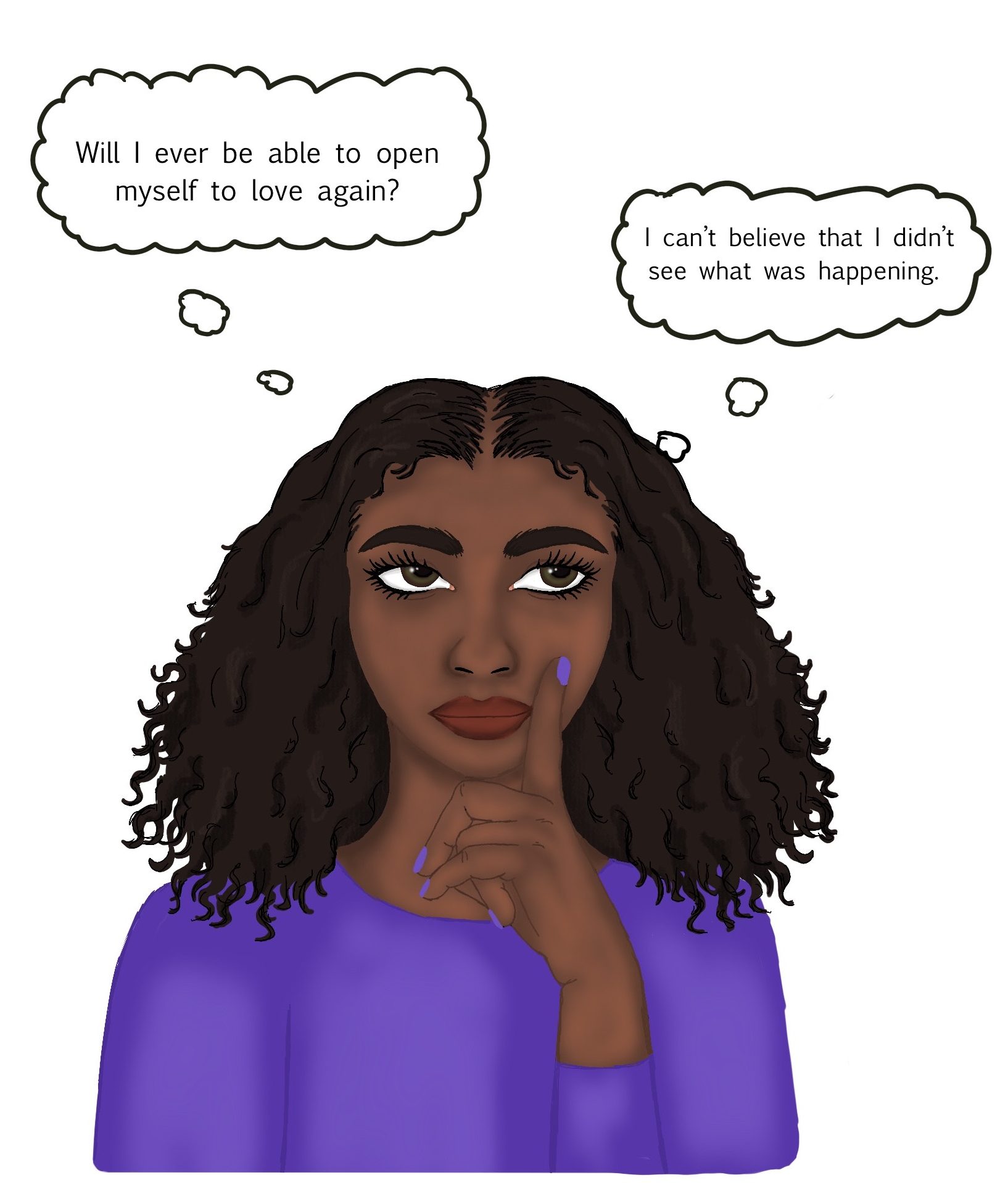 Illustration of a Black woman with thought bubbles above her head while thinking to herself. She and the thought bubbles around her represent the thoughts of the women who could benefit from therapy for survivors of domestic violence in Pikesillve, MD. Working with a trauma therapist in Baltimore, MD can help you overcome domestic violence experiences. | 21208